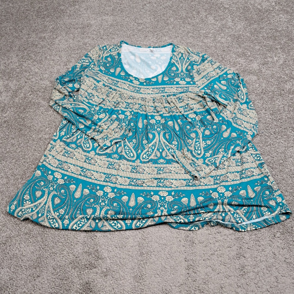 Cathy Womens 3XL Teal Paisley Floral Long Sleeve Swing Tunic Top Boho Rayon